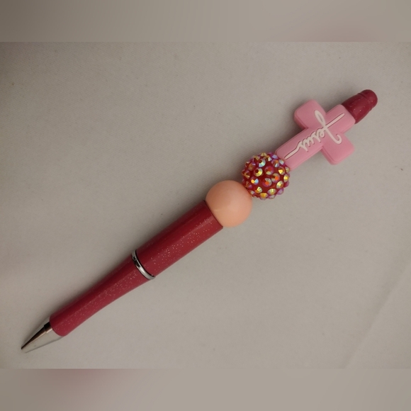 Handcrafted Other - Pink Beaded Pen with Cross Topper